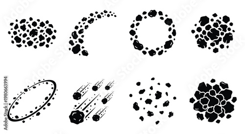 Hand drawn asteroid belt icons, set of 8 black space rock vectors, meteor shower and cosmic debris illustrations, celestial stone elements
