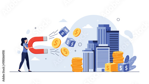 Wealthy investor using a magnet to attract money and business opportunities from the city corporate sector.