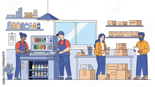 Team of professional workers operating machinery and preparing packages in a modern printing and logistics facility.