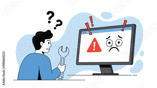 Confused man holds wrench while facing technical computer error on screen representing troubleshooting and hardware repair issues.