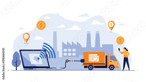 Digital logistics concept shows a laptop controlling automated delivery truck operations through wireless network within industrial setting.