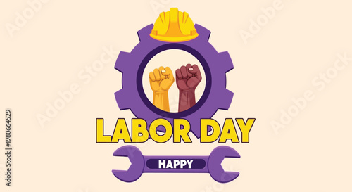Labor Day celebration vector, industrial worker fists with gear, happy labor day banner