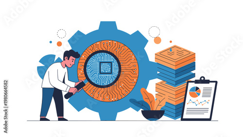 Technical inspection and quality control showing an engineer examining a microchip circuit inside a gear with a magnifying glass.