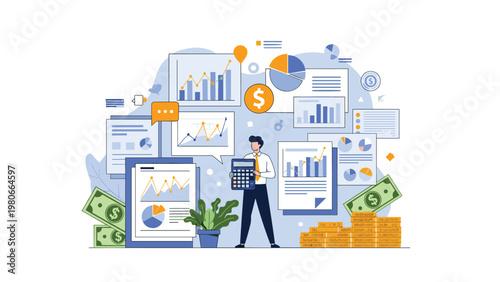 Professional accountant manages finances using a calculator amidst various business performance charts and stacks of cash money.