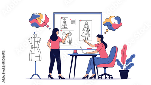 Creative fashion designers collaborating on new clothing collection sketches using a digital storyboard and mannequin tools.