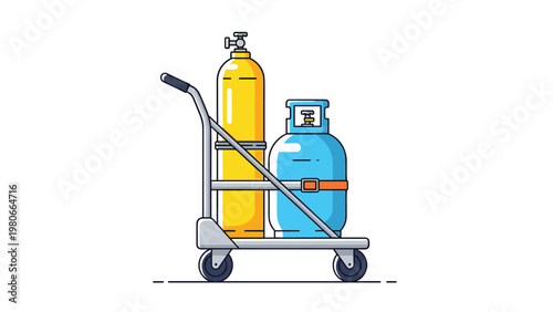 Industrial equipment transport showing yellow and blue gas cylinders secured on a professional metal hand truck trolley.