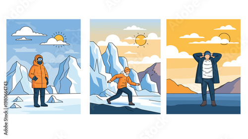 Winter adventure scenes showing a traveler exploring snowy mountains, ice fields, and serene cold landscapes during sunset.