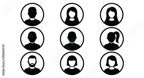 Minimalist user profile icons, set of 9 black avatar silhouettes in circles, diverse male and female person symbols for web interface and social media