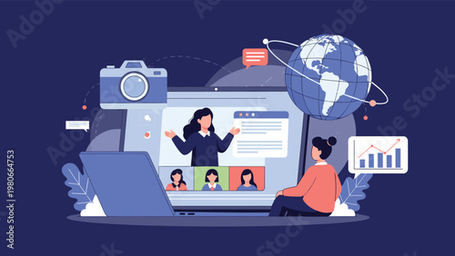 Woman participating in a global online video conference with diverse international speakers on her laptop screen at home.