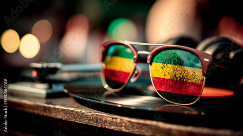Reggae Simfest, Colorful reggae flags hanging across street during cultural festival celebration with vibrant decorations symbolizing Caribbean music and Rastafarian spirit