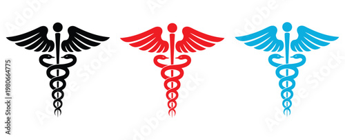 Caduceus symbols vector in black red and blue colors medical snake staff icon isolated on white background