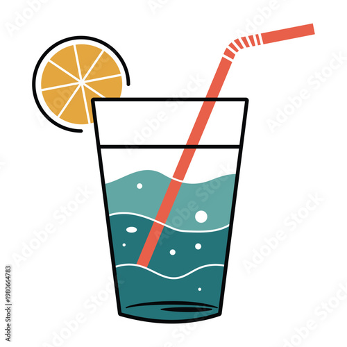 A refreshing glass of lemonade with a straw and slice of orange on a white background