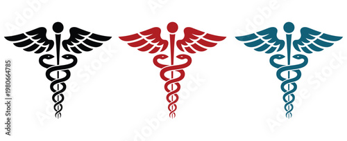 Caduceus symbols in black red and blue vector design medical emblem snake staff icon isolated on white background