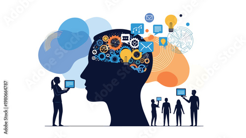 Collaborative brainstorming and artificial intelligence concept showing human mind with gears and people using digital devices.