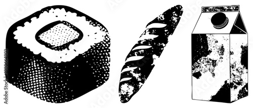 Vintage style halftone graphic showing sushi roll, baguette, and milk carton, food with dot texture, minimalist vector design, food packaging, dietary staples.