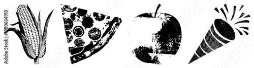 Food in halftone style corn cob, pepperoni pizza,, party horn. Vector graphics with textured shading. Isolated, cutout, rgba.