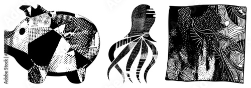 Stylized pig, octopus, and square rendered in halftone dots and bold, vector art, graphic design elements, black and white, geometric abstraction, isolated foreground.