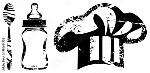 Infant hygiene tools and nursery chef hat, baby bottle and toothbrush, parenting essentials, nursery decor, black and white vector.