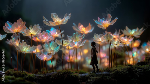 森の中で光る巨大な花を見上げる人物 幻想的な夜の風景