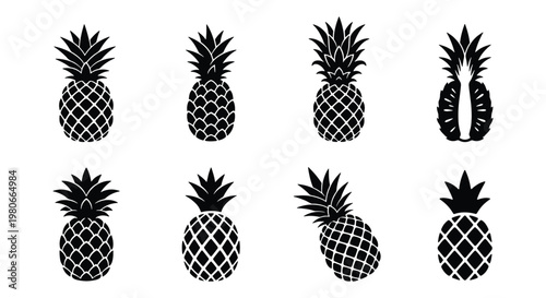 Black pineapple silhouette icons, set of 8 tropical fruit vector elements, minimalist exotic food symbols for summer branding and menu design