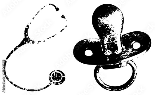 Black and white halftone medical stethoscope and baby pacifier, healthcare and infant care symbols, distressed graphic design, medical, pediatric care elements.