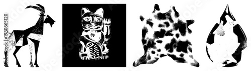 Stylized vector geometric goat, lucky cat figurine, animal print, abstract fire shape. Flat design, halftone textures, isolated elements for graphic use.