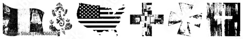 Distressed flag and emblem silhouettes, including French, Ganesha, USA map flag, variants, all in gritty vector art with weathered texture.