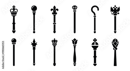 Royal scepter icon set with 12 black vector silhouettes, medieval monarch staff collection, king and queen ceremonial regalia symbols for heraldry
