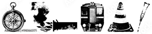 Classic compass with cardinal points, train emitting smoke, train front view, traffic cone with stripes, crutch for mobility aid all rendered as vector with halftone texture.