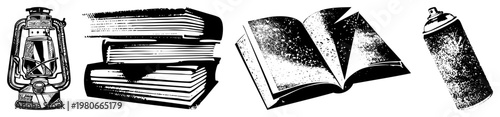 Classic oil lamp, stacked hardcover books, open book with halftone pages, spray can with textured all in black and white vector style, ideal for retro or educational themes.