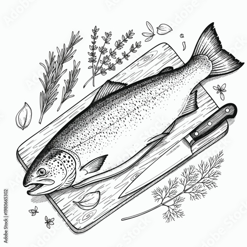 Freshly Caught Trout on a Cutting Board with Herbs and Kitchen Tools