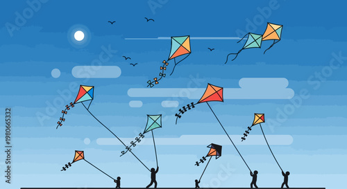 People flying colorful kites outdoors freely.