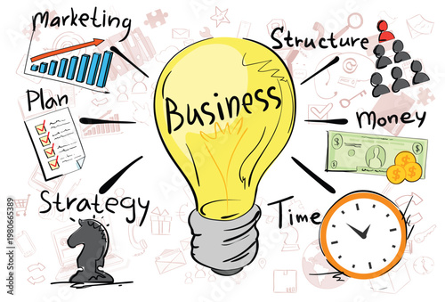 Business process concept with sketch personnel and finance report charts
