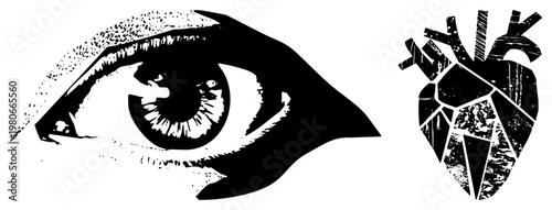 Graphic symbols of eye and heart rendered in halftone texture, vector art, black and white, abstract illustration, emotional, medical or psychological motif.