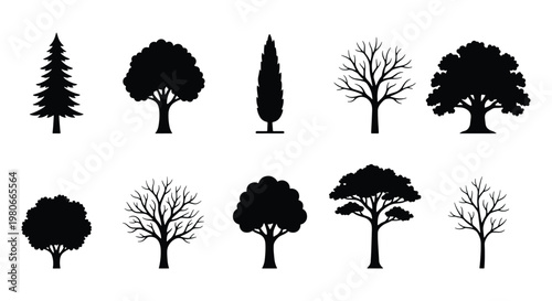 Black tree silhouettes collection, set of 10 botanical vector icons, minimalist forest and garden tree shapes for landscape design and mapping