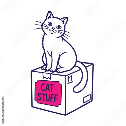 Cute Cartoon Cat Sitting on a Box of Cat Supplies for Pet Lovers