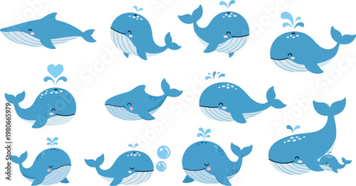 Cute Whale Collection Cartoon Set for World Ocean Day Illustration