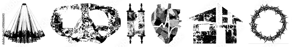 Obraz premium Religious and spiritual symbols rendered as halftone vector graphics, including veil, peace sign, Torah scroll, heartbeat heart, house with, crown of, flat design with texture.