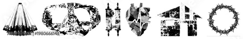 Religious and spiritual symbols rendered as halftone vector graphics, including veil, peace sign, Torah scroll, heartbeat heart, house with, crown of, flat design with texture.