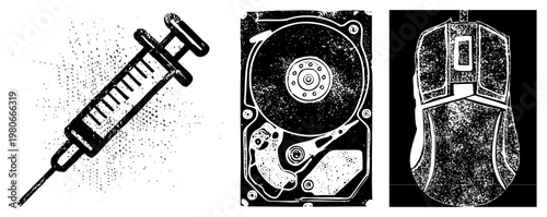 Medical syringe with, open hard drive internal components, gaming mouse ergonomic design, vector illustration, tech and healthcare symbols.