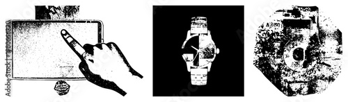 Finger tapping touchscreen tablet, digital interaction, stylized hand, tech user interface, minimalist vector, graphic, isolated digital gesture.