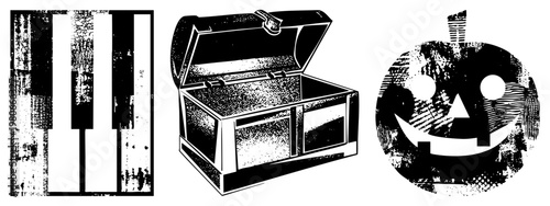 Grungy black and white piano keys, open wooden treasure chest with latch, spooky carved pumpkin face, halftone texture, isolated vector art.