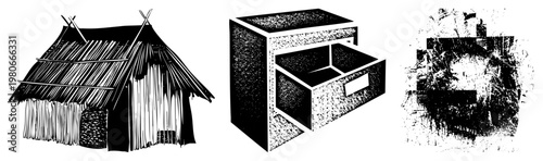 Isolated vector illustrations traditional hut with thatch roof, open filing drawer, and abstract textured block. Flat design,, graphic for UI or print.