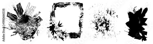 Raw black ink splatters, distressed frame textures, gritty brushstrokes, chaotic graphic marks, vintage print artifacts.