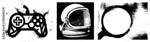 Gaming controller with D pad and buttons, astronaut helmet with visor, magnifying glass lens all rendered in bold vector style with halftone texture. Gaming gear, space, magnification tool.