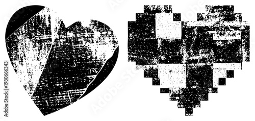 Two stylized heart symbols with textured, degraded effects one halftone grunge, one pixel mosaic ideal for retro digital or distressed design projects.