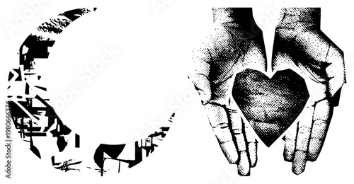 Two hands gently holding a heart, halftone texture, graphic illustration, black and white, love concept, care gesture, emotional symbol.
