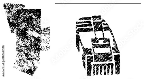 Stylized halftone portrait with textured shading, paired with geometric mask shapes, vector art, graphic design elements, black and white composition.