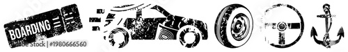 Weathered travel symbols including boarding pass, car silhouette, tire, steering wheel, anchor, all in distressed black and white vector style.