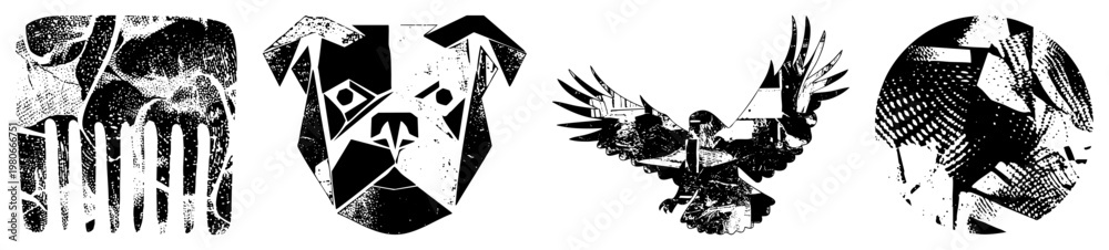 Obraz premium Bold geometric animal heads (dog, eagle, abstract) in halftone, high contrast black/white. Modern vector art, isolated cutout.